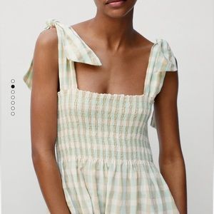 Mango Green and Cream Checkered Midi Dress